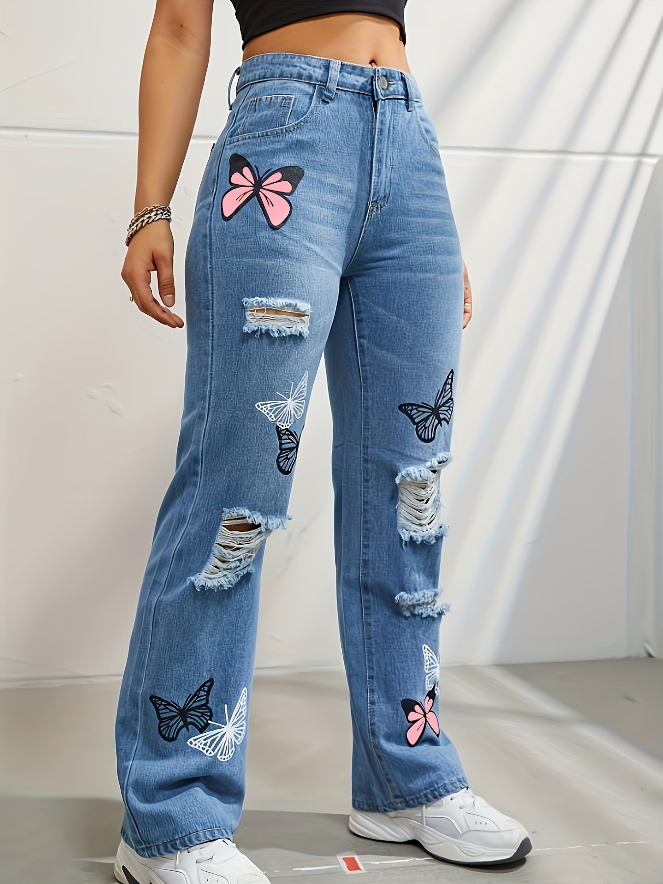Women's High Waisted Straight Leg Jeans Butterfly Print Ripped Distressed Denim Pants