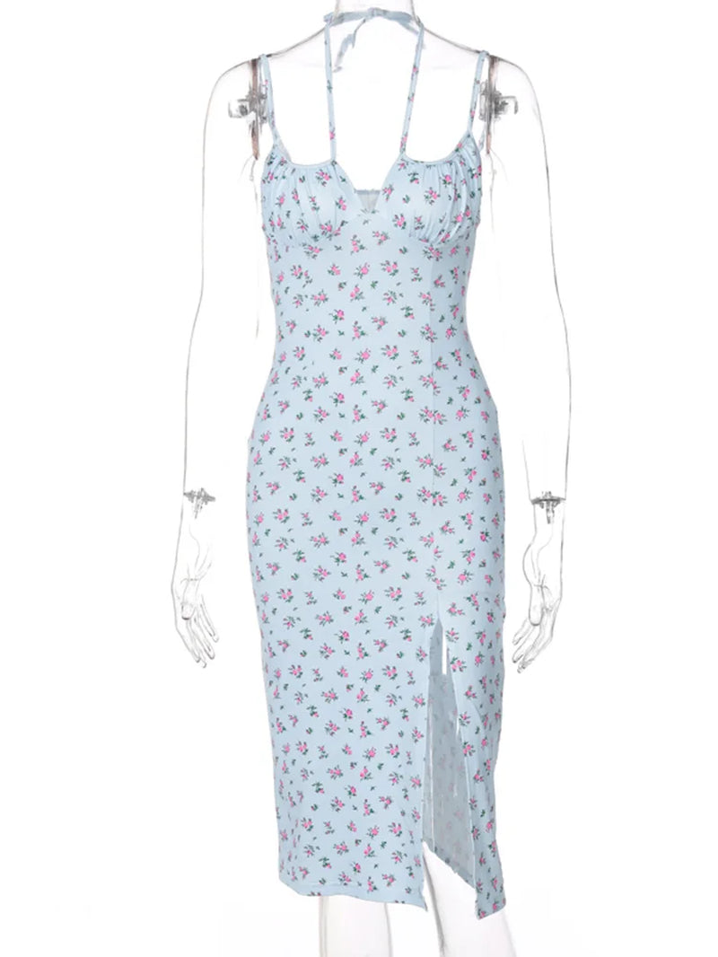 Sleeveless Satin Slip Dress Floral Ruched With Slit
