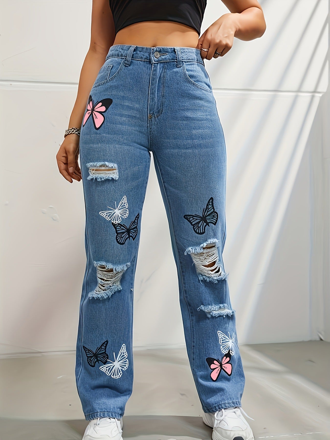 Women's High Waisted Straight Leg Jeans Butterfly Print Ripped Distressed Denim Pants
