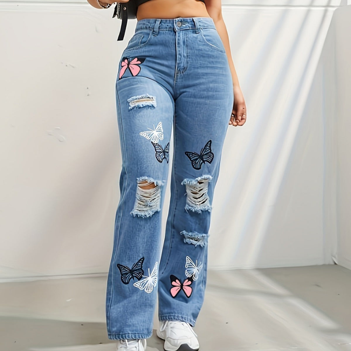 Women's High Waisted Straight Leg Jeans Butterfly Print Ripped Distressed Denim Pants