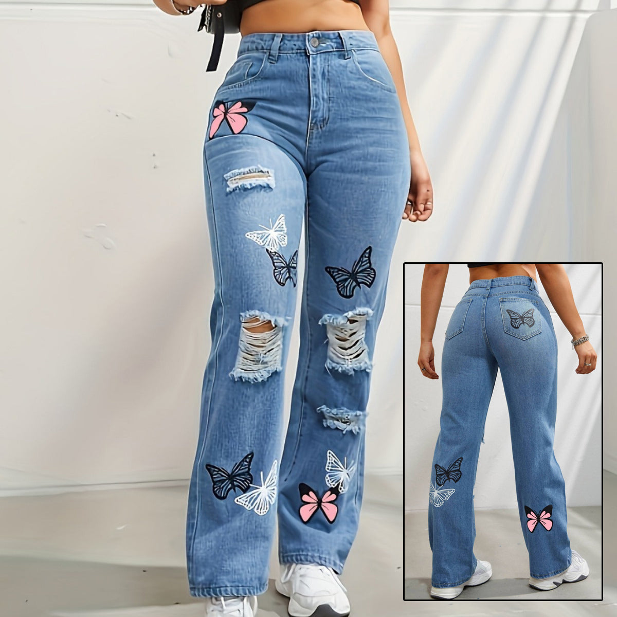 Women's High Waisted Straight Leg Jeans Butterfly Print Ripped Distressed Denim Pants