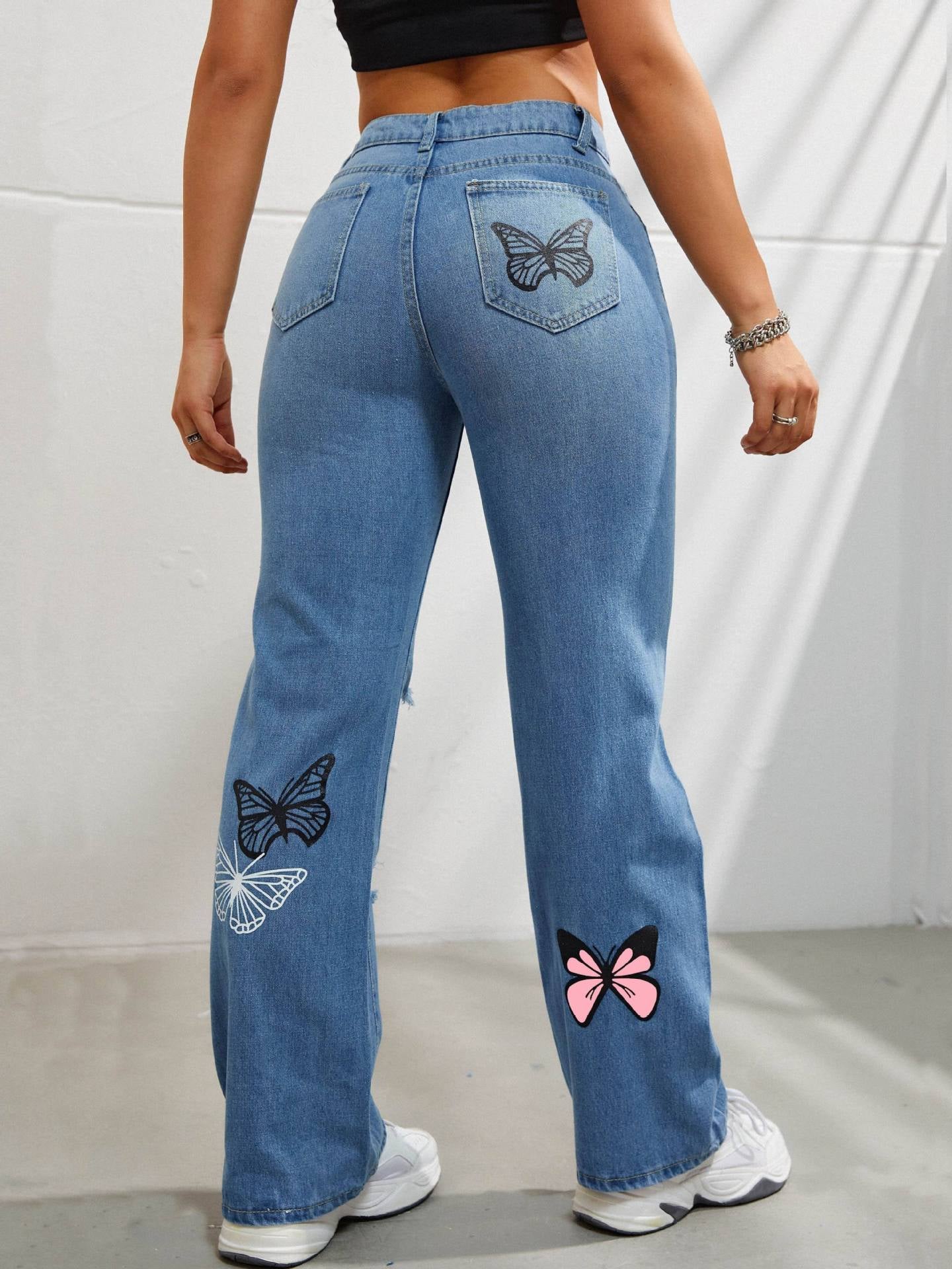 Women's High Waisted Straight Leg Jeans Butterfly Print Ripped Distressed Denim Pants