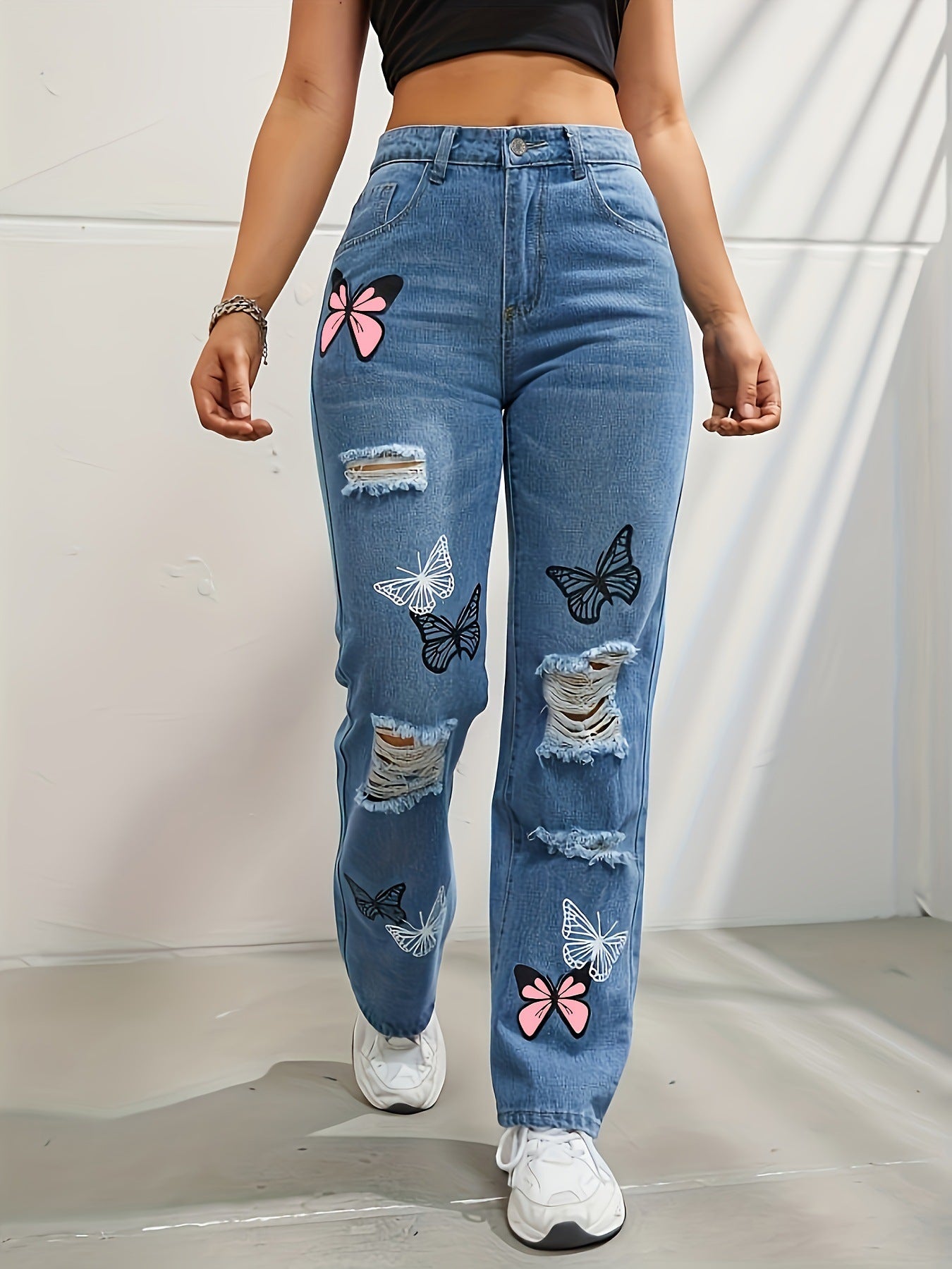 Women's High Waisted Straight Leg Jeans Butterfly Print Ripped Distressed Denim Pants