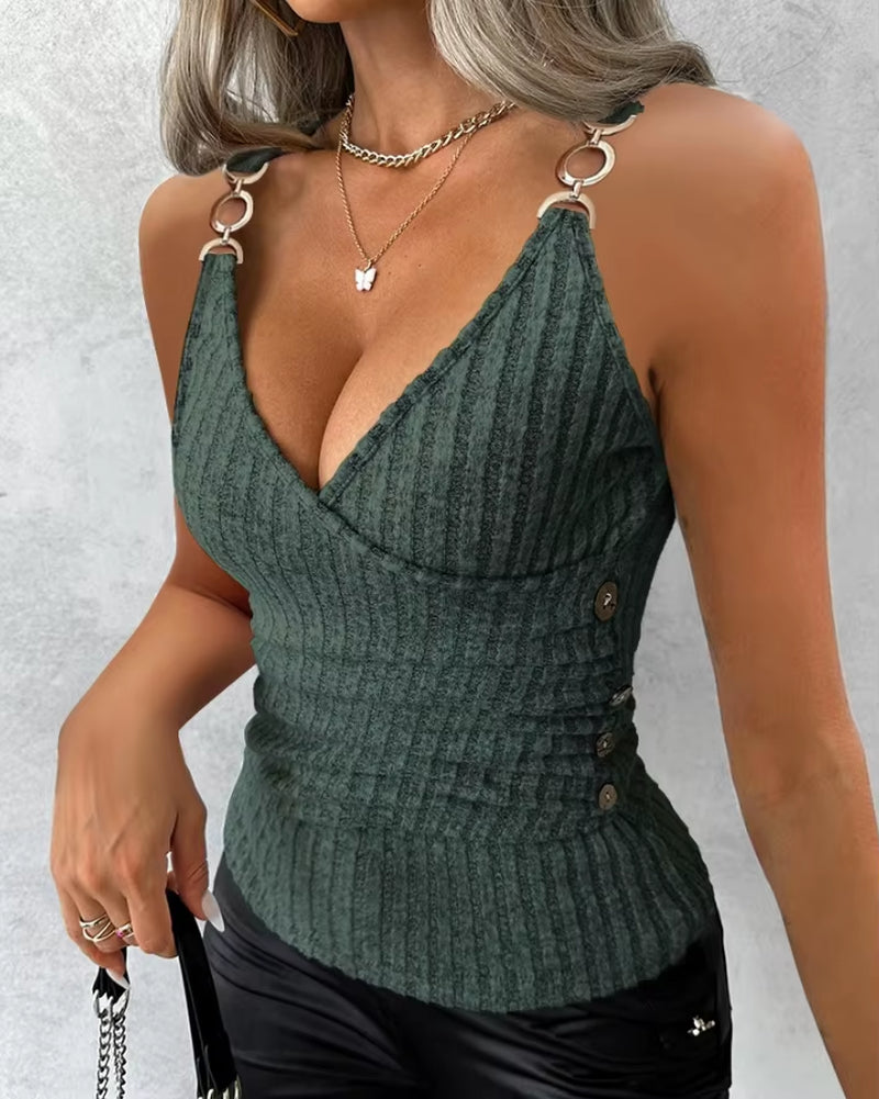 Ribbed Casual V-Neck Sleeveless