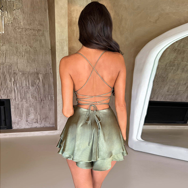 Halter Satin Backless Straps Short Dress 